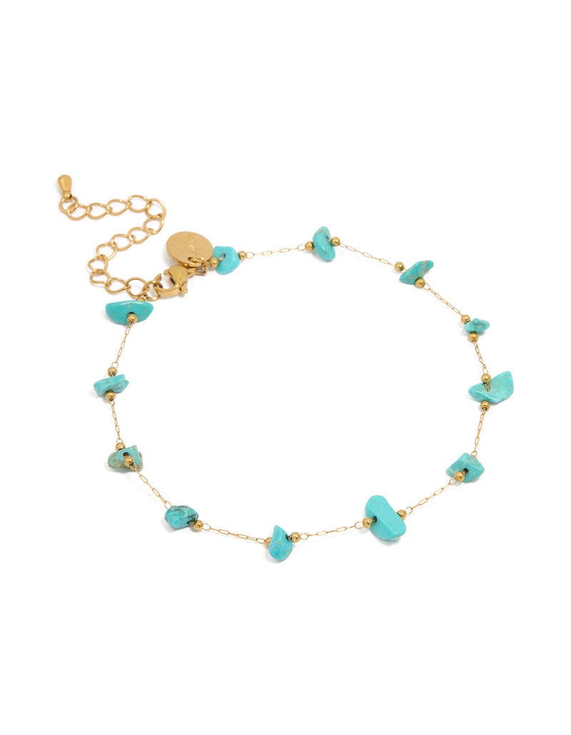 Bracelet cheville en acier inoxydable plaqué or et pierre semi-précieuse bleue